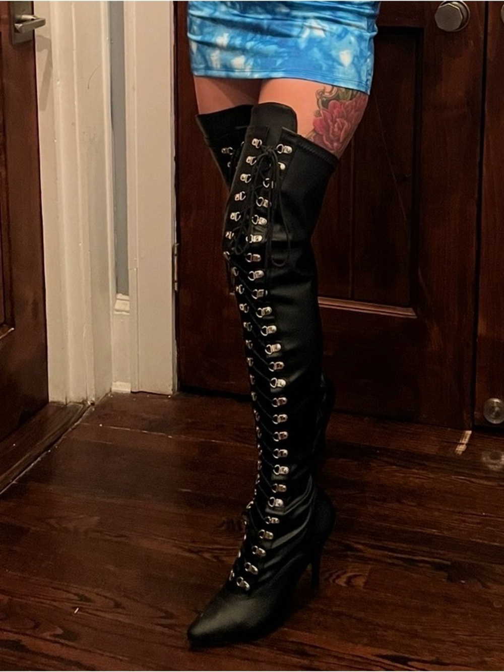 Pleaser Thigh High Black Lace-Up Boots with Silver Eyelets